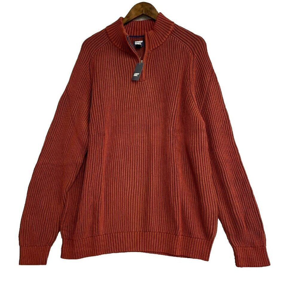 NEW Lands' End Drifter Men's XL Rust Red Cotton Sweater Ribbed Knit Mock neck